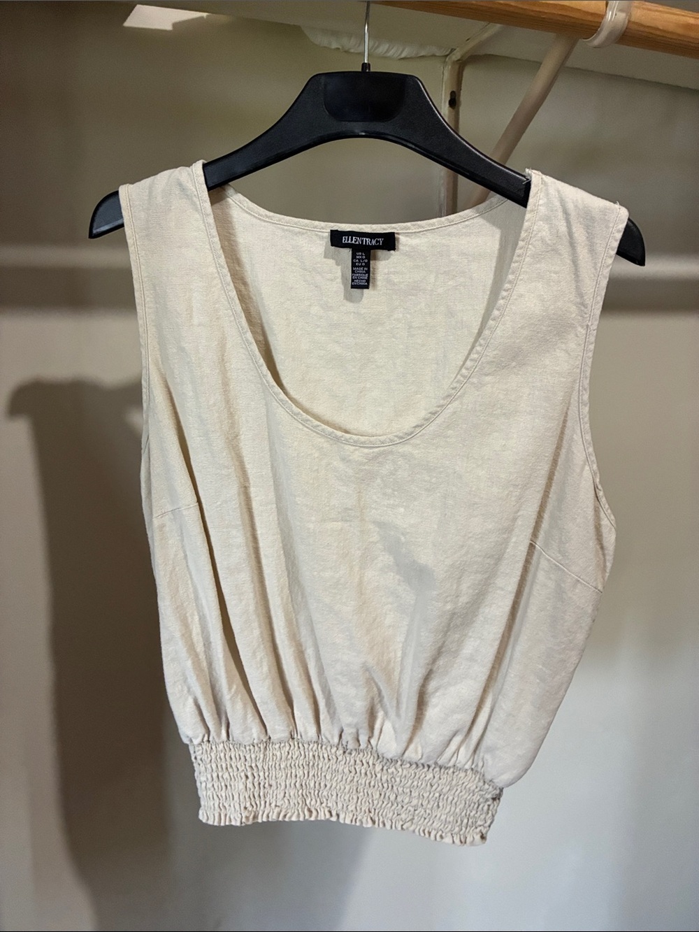Ellen Tracy linen Cream Smocked-Hem Tank